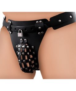 The Safety Net Leather Male Chastity Belt with Anal Plug Harness