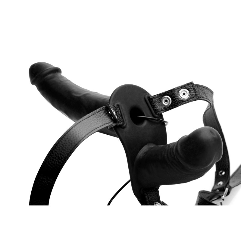 Power Pegger Black Silicone Vibrating Double Dildo with Harness - Image 3