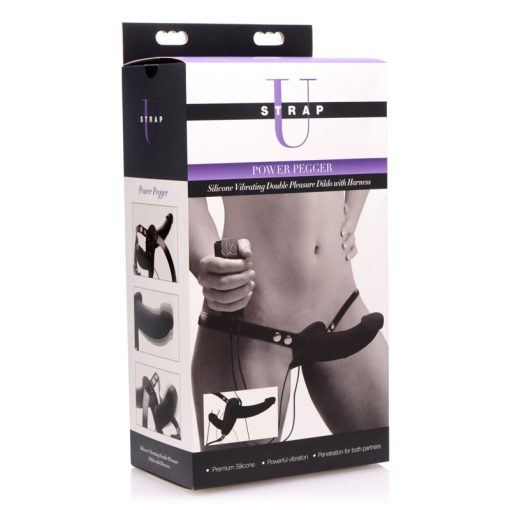 Power Pegger Black Silicone Vibrating Double Dildo with Harness - Image 7
