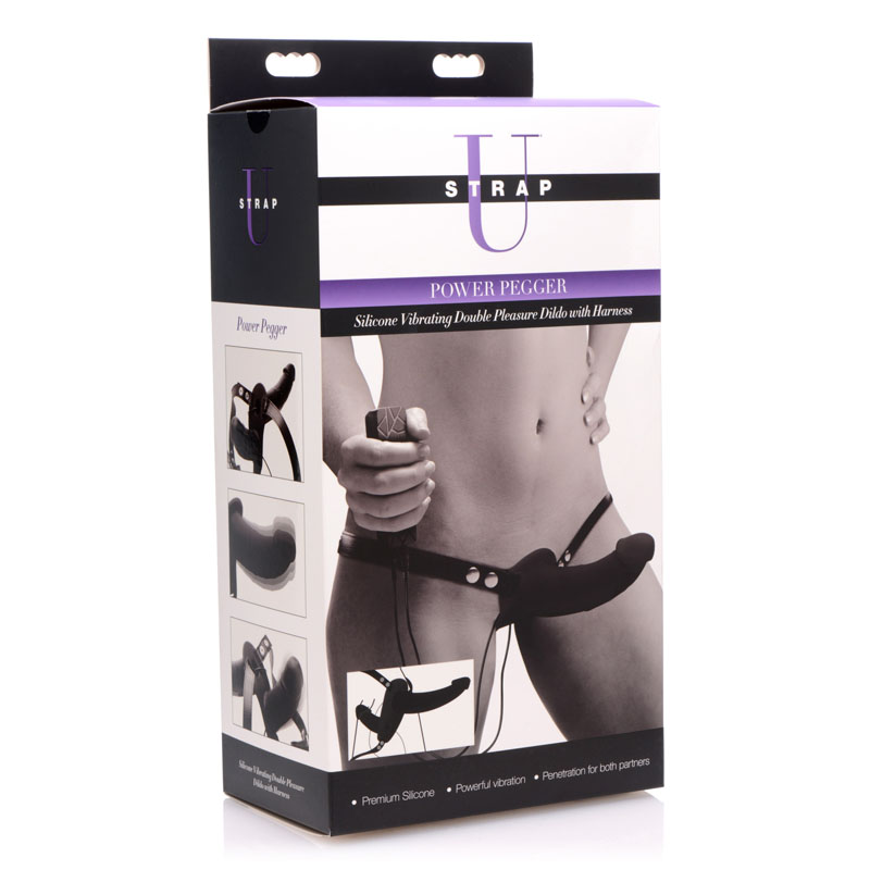 Power Pegger Black Silicone Vibrating Double Dildo with Harness - Image 7