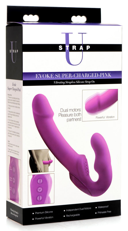 Evoke Rechargeable Vibrating Silicone Strapless Strap On - Pink - Image 7
