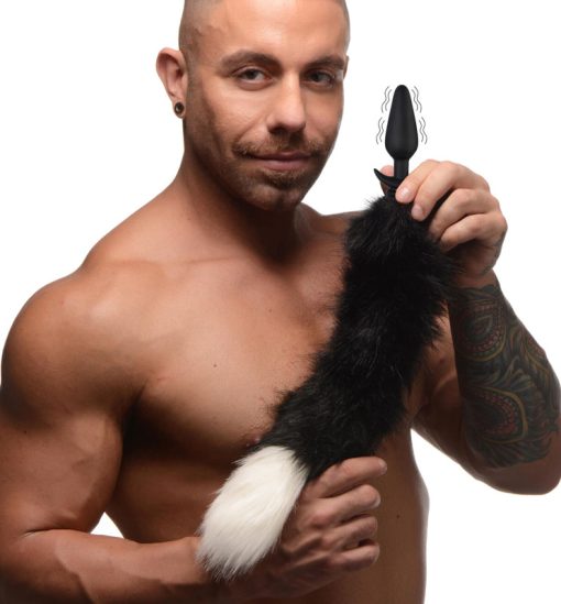 Large Vibrating Anal Plug with Interchangeable Fox Tail - Black and White - Image 2