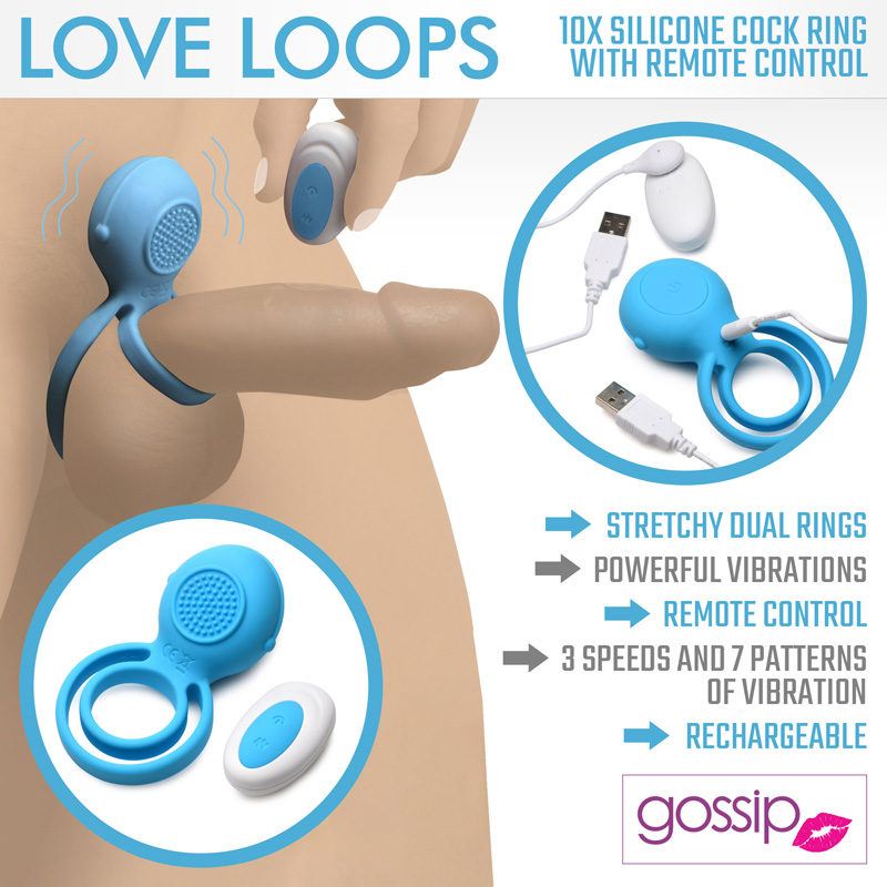 Love Loops 10X Silicone Cock Ring with Remote - Blue - Image 2