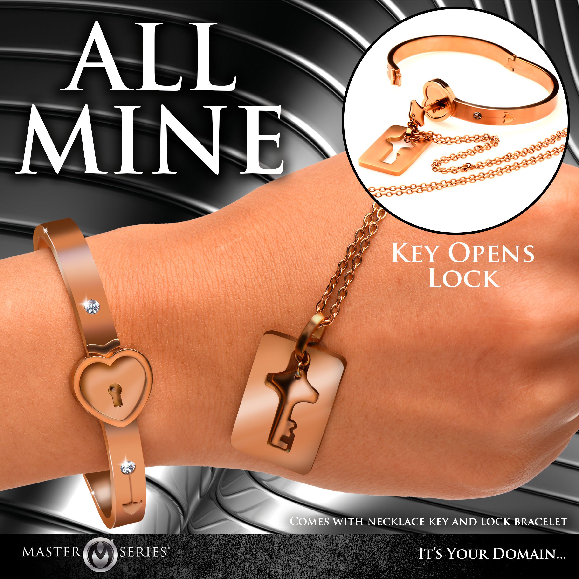 Cuffed Locking Bracelet and Key Necklace - Rose Gold - Image 3