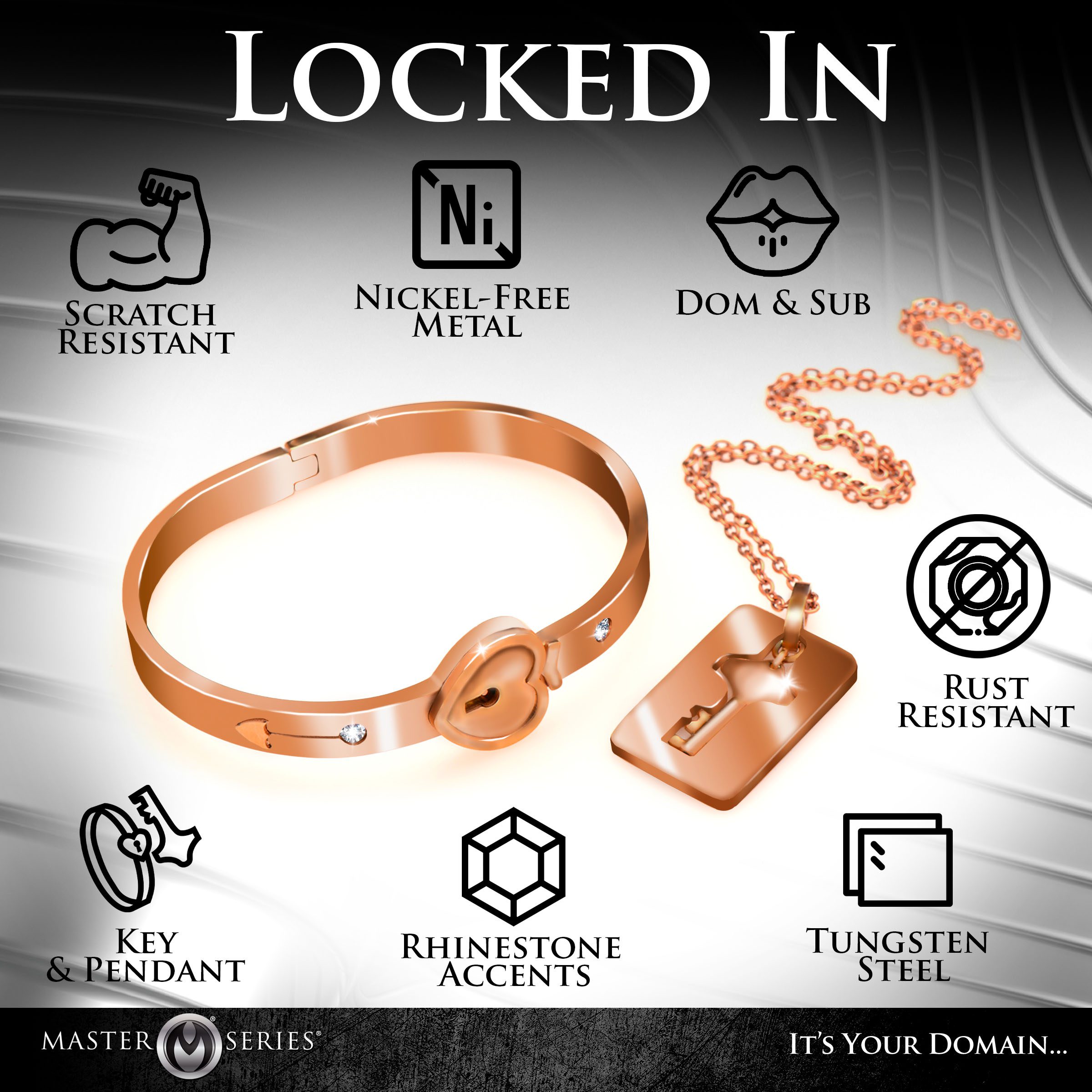 Cuffed Locking Bracelet and Key Necklace - Rose Gold - Image 5
