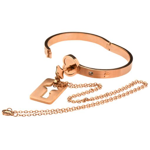 Cuffed Locking Bracelet and Key Necklace - Rose Gold - Image 8