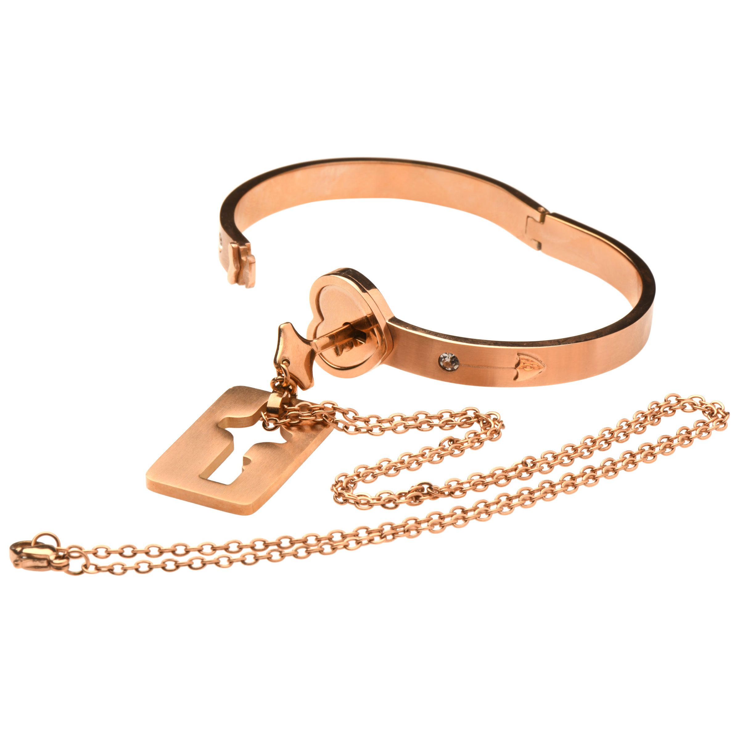 Cuffed Locking Bracelet and Key Necklace - Rose Gold - Image 8